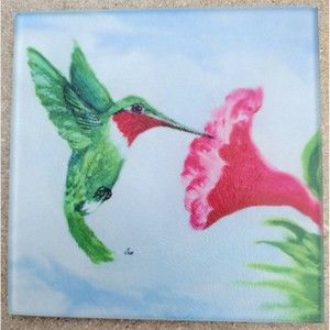 Hummingbird Trivet Glass Meadow Fine Art Hand Printed Santa Fe NM 6" X 6"  A1